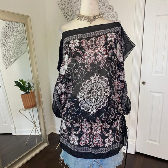 Max Rave Black Red Bohemian Mandala Whimsygoth Sheer Cinched Shawl Top M / L - Picture 2 of 6